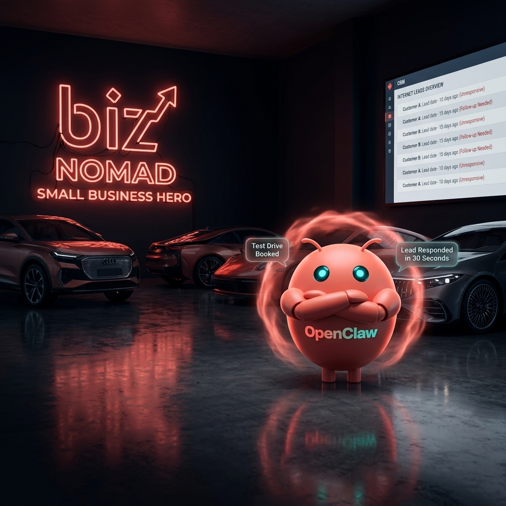 OpenClaw mascot confidently handling auto dealership internet leads