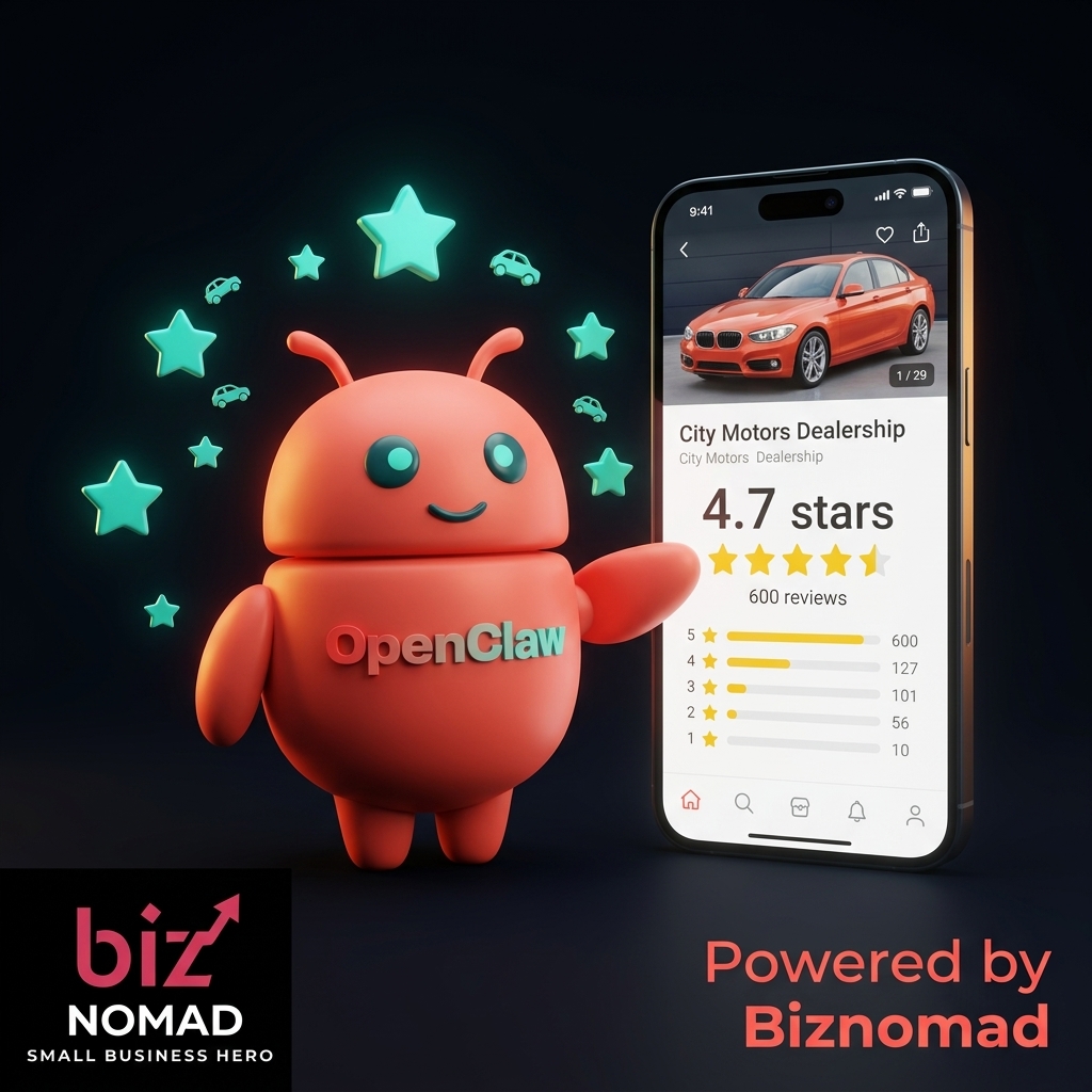 OpenClaw mascot boosting dealership ratings with 5-star reviews